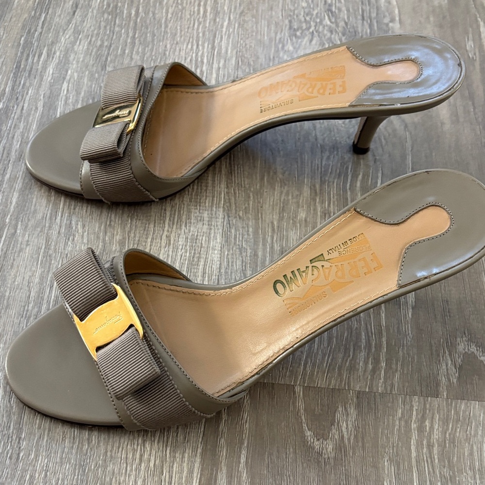 Salvatore Ferragamo Taupe Mules with Gold Accent - Picture 3 of 8